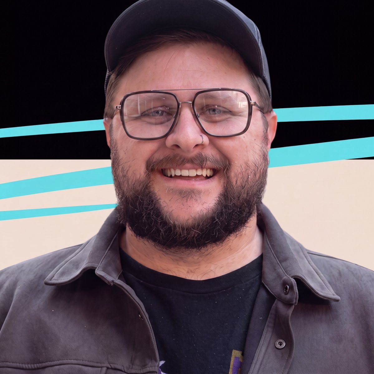 Mat Napp, casual headshot with a turquoise swoosh behind him